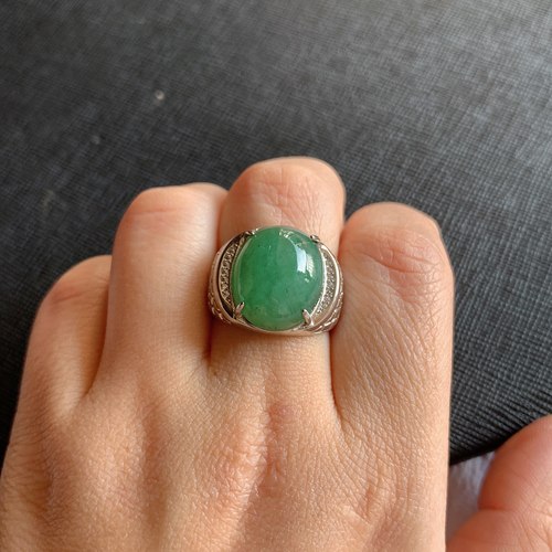 缅甸天然A货翡翠925银冰糯种满色蛋面戒指老坑玉翡翠蛋面活口戒指