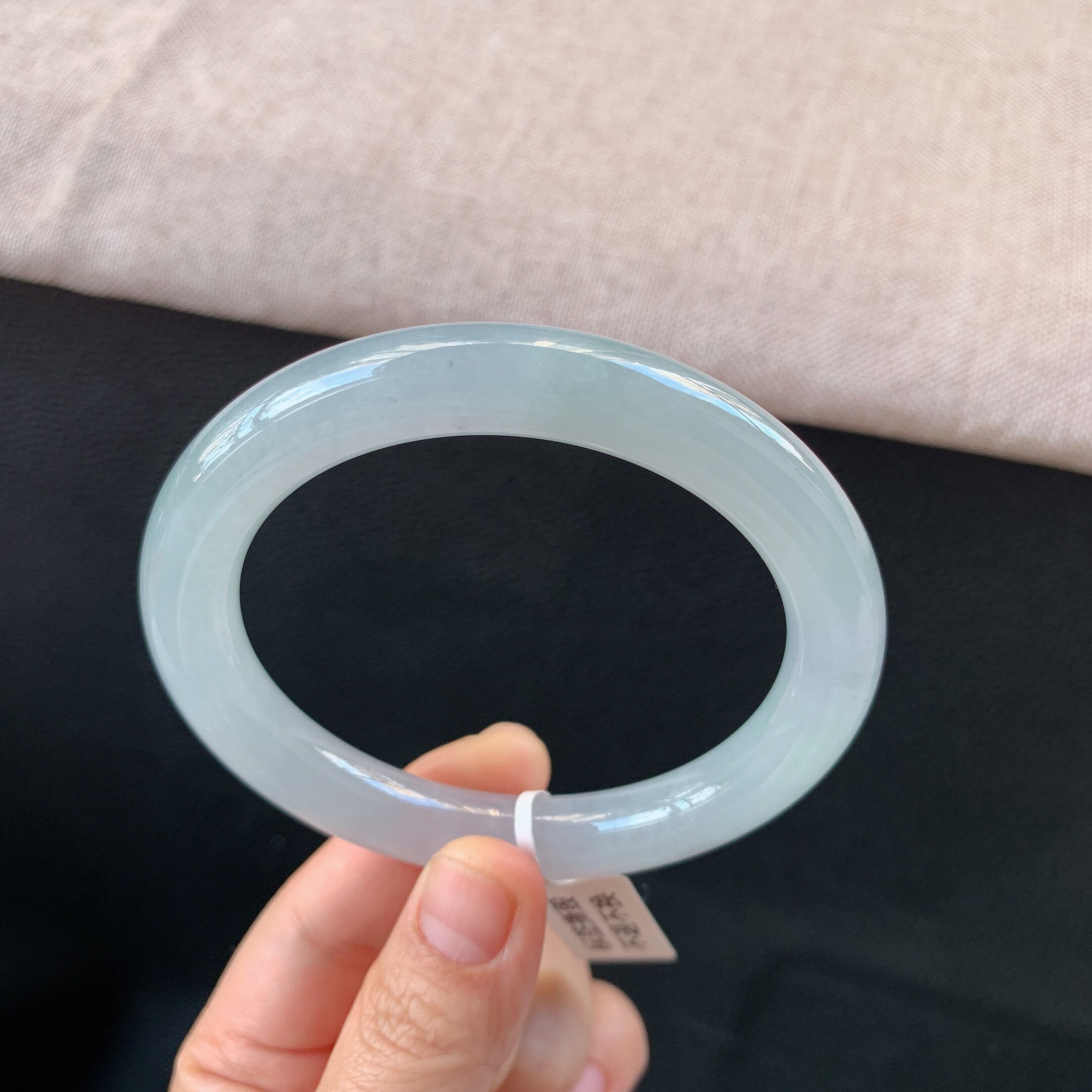 57/58圈口缅甸老坑冰糯种浅绿圆条翡翠手镯玉石美人镯手环天然A货