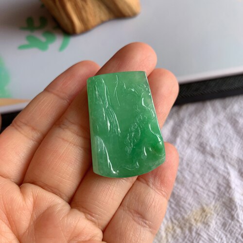 缅甸天然A货翡翠冰糯种满色山水牌吊坠老坑玉翡翠满色山水牌挂件