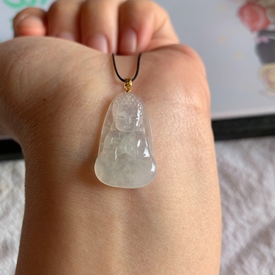 缅甸天然A货翡翠18k金扣头冰糯种白冰佛公吊坠老坑玉石佛公挂件