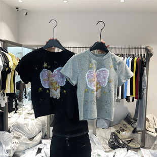 显瘦甜妹上衣 修身 917 韩系原创手绘风兔子印花t恤做旧晕染感短款