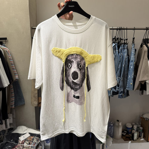 单品danpin 搞怪狗狗印花短袖T恤女立体针织帽子宽松oversize上衣