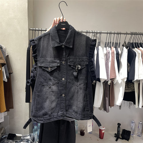 DANPIN单品 韩系木耳边拼接牛仔马甲女做旧宽松翻领无袖坎肩外套