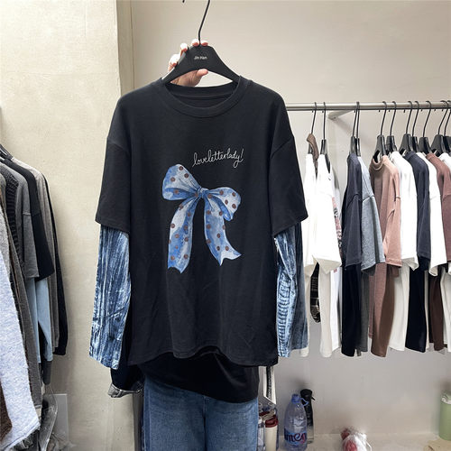 DANPIN单品 韩系温柔风蝴蝶结字母假两件T恤女袖子拼接显瘦上衣潮