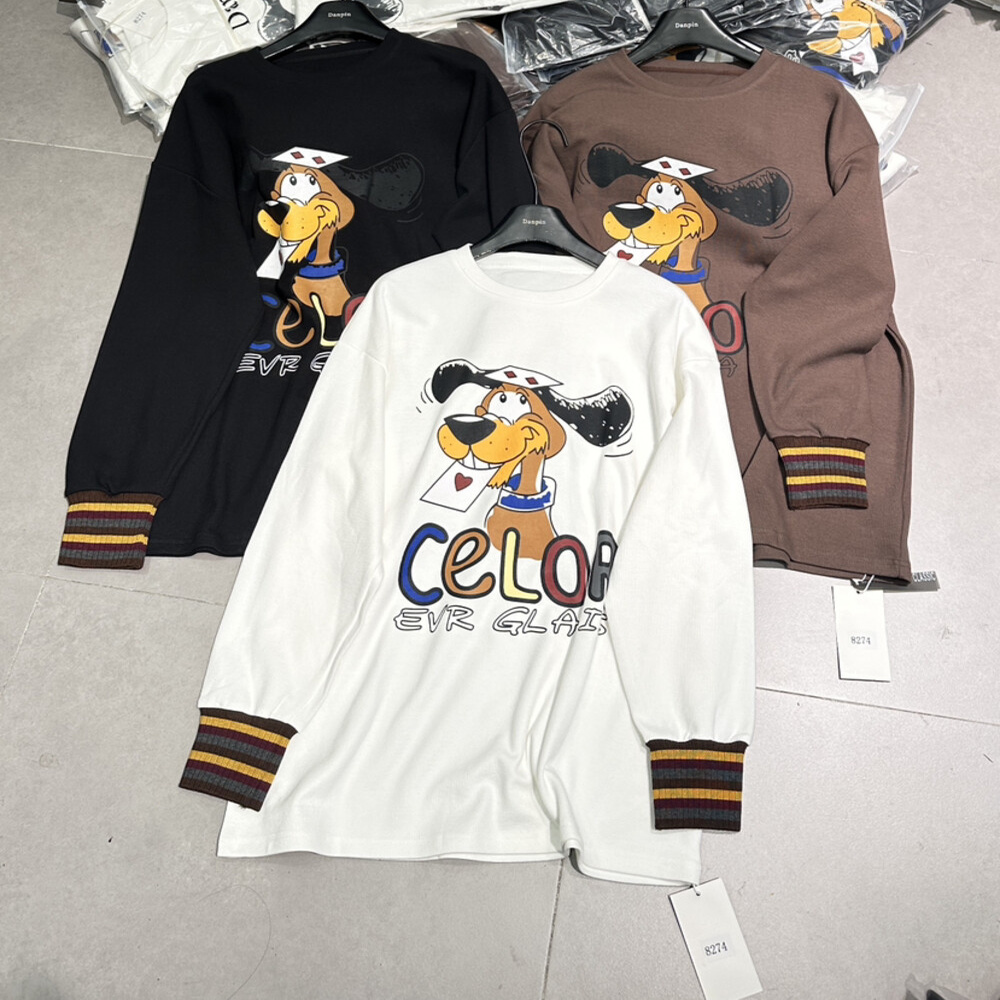 DANPIN单品 韩版卡通狗狗印花长袖T恤撞色条纹袖口减龄百搭上衣女
