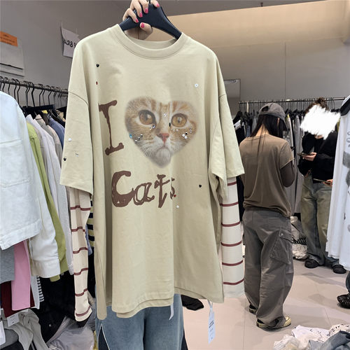 917 欧货爱心猫咪印花假两件长袖T恤女重工钉珠条纹拼接秋季上衣