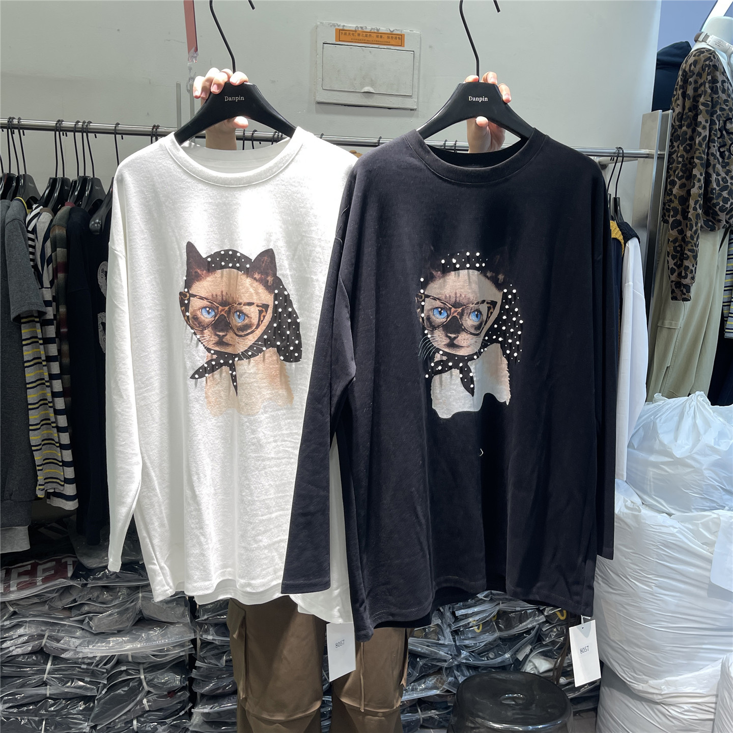 DANPIN单品 韩系chic卡通猫咪印花长袖T恤东季宽松慵懒风打底上衣