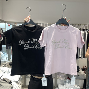 修身 917 新款 T恤夏季 显瘦圆领正肩上衣 韩系辣妹手工珠子字母短袖