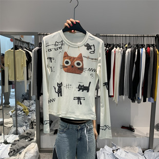 春夏款 内搭圆领打底衫 设计感卡通猫咪长袖 微透修身 T恤女薄款 917