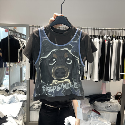 917 复古狗头假两件短袖T恤女夏季撞色涂鸦印花修身显瘦辣妹上衣