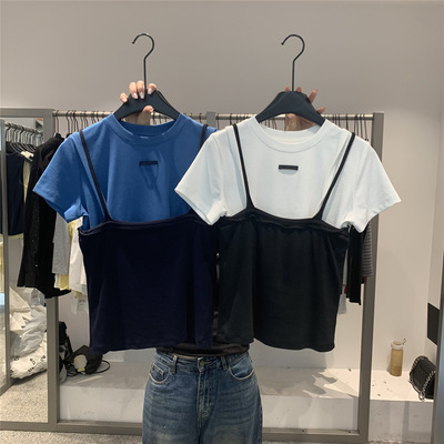 917 2026春季新款真两件套吊带短袖T恤女修身显瘦设计感洋气上衣