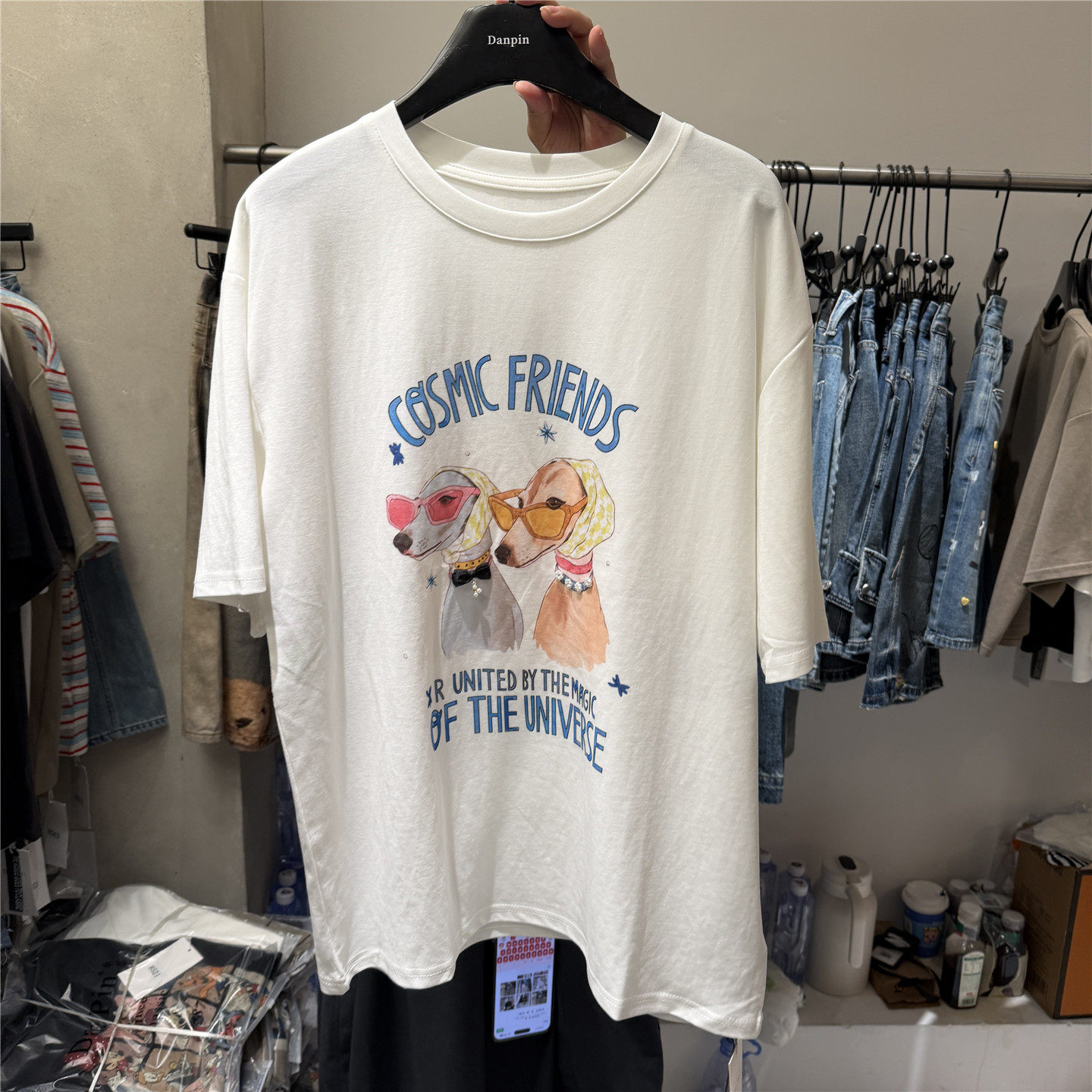 单品danpin 美式狗狗印花T恤女宽松慵懒风oversize中长款短袖上衣