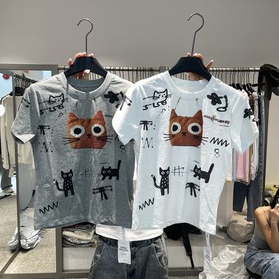 917 个性趣味涂鸦猫咪印花短袖T恤夏季新款韩系减龄休闲百搭上衣
