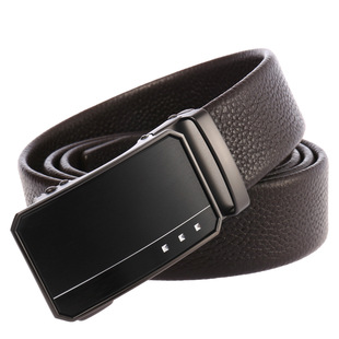 男士 带真皮腰带纯牛皮休闲皮带商务中年青年 棕色自动扣头层牛皮裤