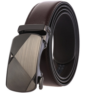 真皮牛皮有牙自动扣腰带平滑扣皮带男青年三角图年轻人潮裤 带棕色