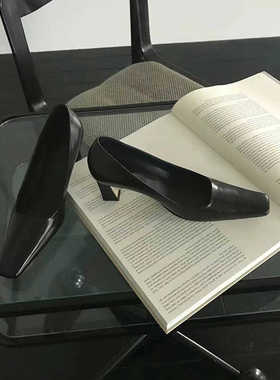 CAIsmaLL秋季新款方头浅口高跟鞋女黑色粗跟性感单鞋皮面气质女鞋