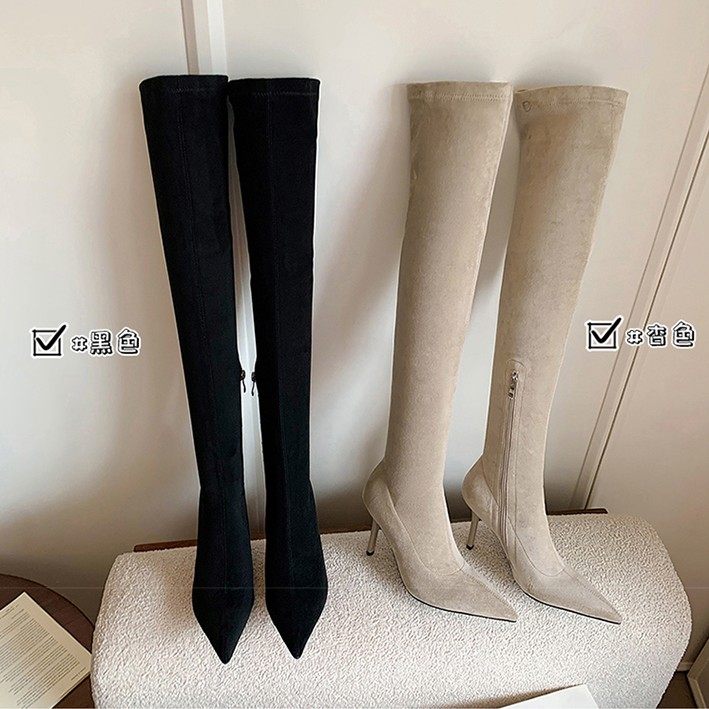 CAIsmaLL尖头高跟弹力靴过膝女长筒靴瘦瘦靴杏色绒面侧拉链高跟靴,女鞋,弹力靴/袜靴,淘宝优惠券,粉丝福利购,淘宝优惠卷
