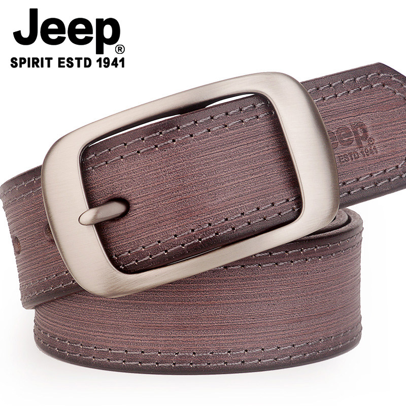 JEEP皮带真皮男手工潮款头层纯牛皮针扣牛仔休闲青年单层皮腰带