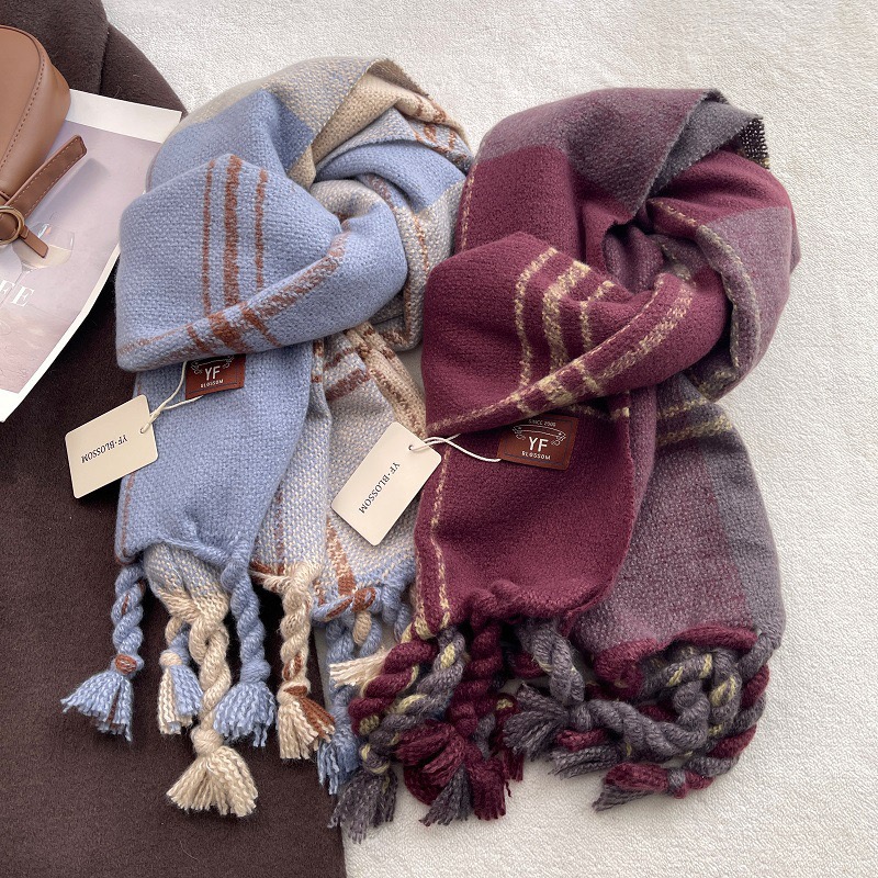 新款芥末黄酒红撞色格子围巾围脖