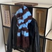 设计师款 氛围感蓝色条纹马海毛拉毛搓须流苏加厚围巾保暖披肩围脖