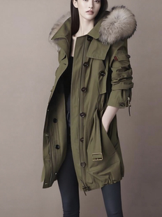 高定 派克服女新秋冬风衣真狐狸毛领可拆卸外套连帽 明星徐璐同款