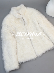 韩素希明星同款真皮草羊羔毛短款外套女立领保暖毛毛皮草白色外套