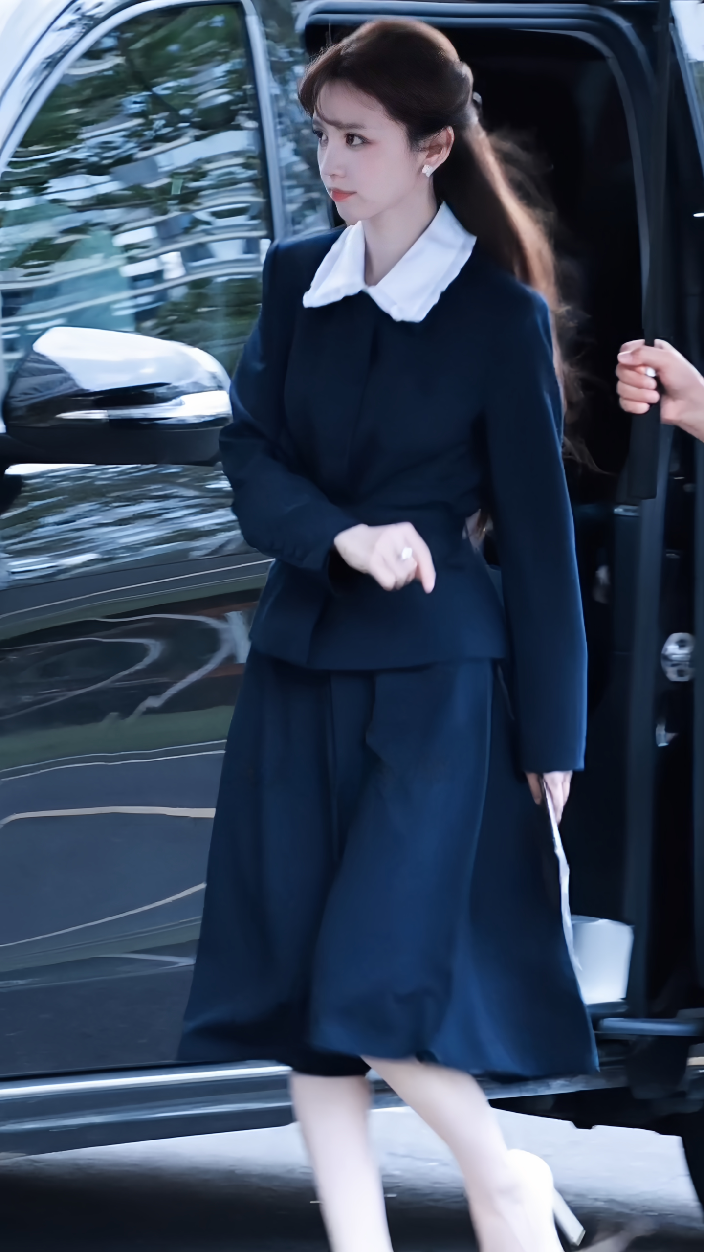 田曦薇同款藏青色套装女娃娃领收腰长袖外套中长款半身裙气质通勤