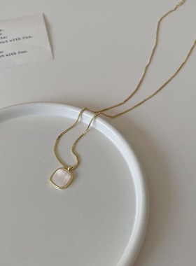 【KuGirl】925银镀18K金白贝母吊坠纯银锁骨链女款优雅盒子链简约