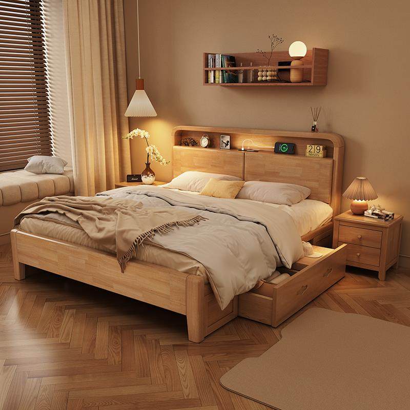 实木床全实木1米8双人床1米2单人床1米5的床家用简约原木色橡木床