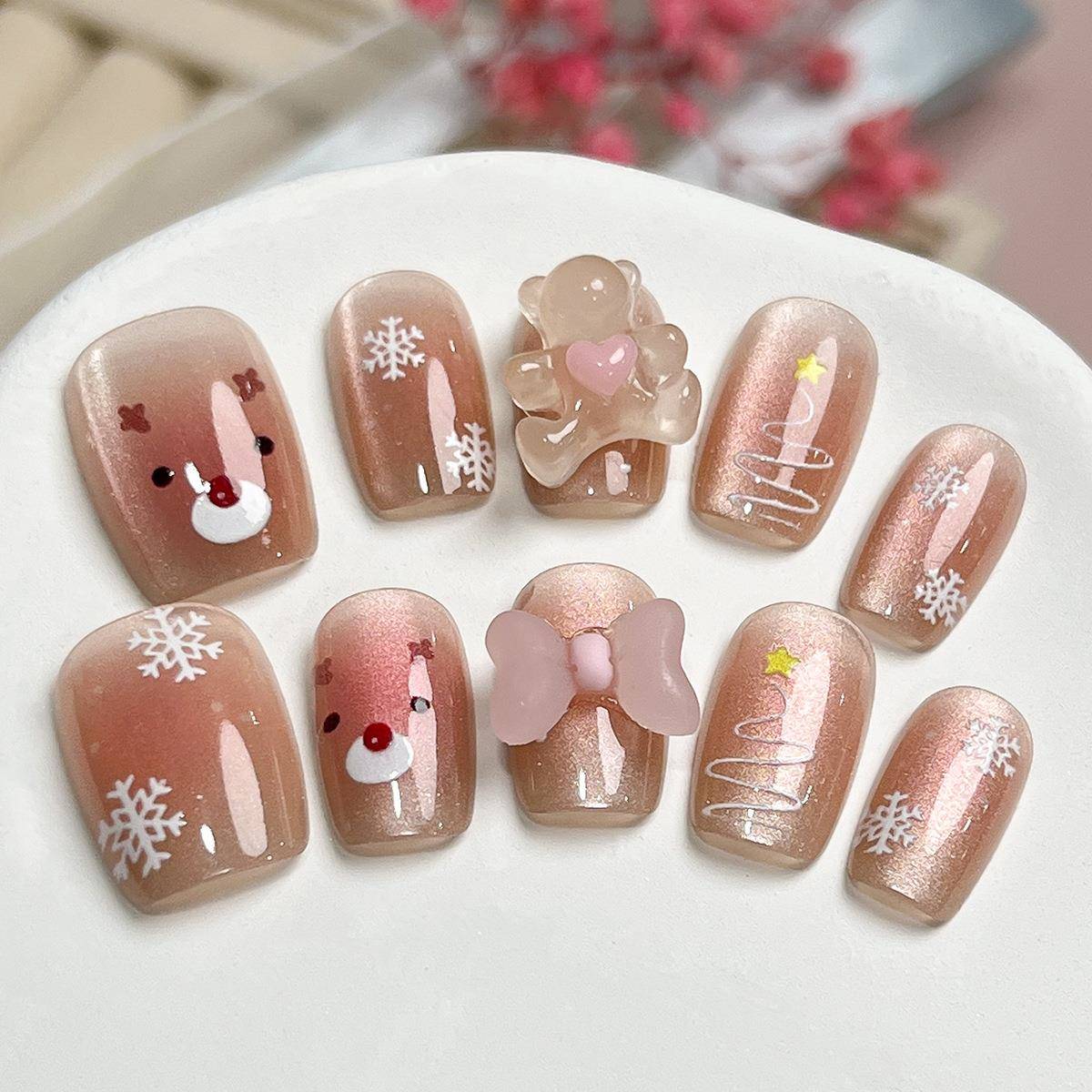 新款半手工穿戴甲 猫眼圣诞款节雪花蝴蝶结美甲 可拆卸甲片贴片