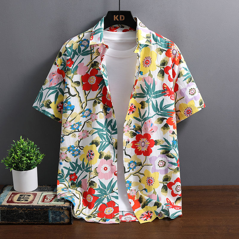 纯棉休闲薄款新款短袖印花痞帅宽松碎花半袖潮流男士夏季衬衫衬衣