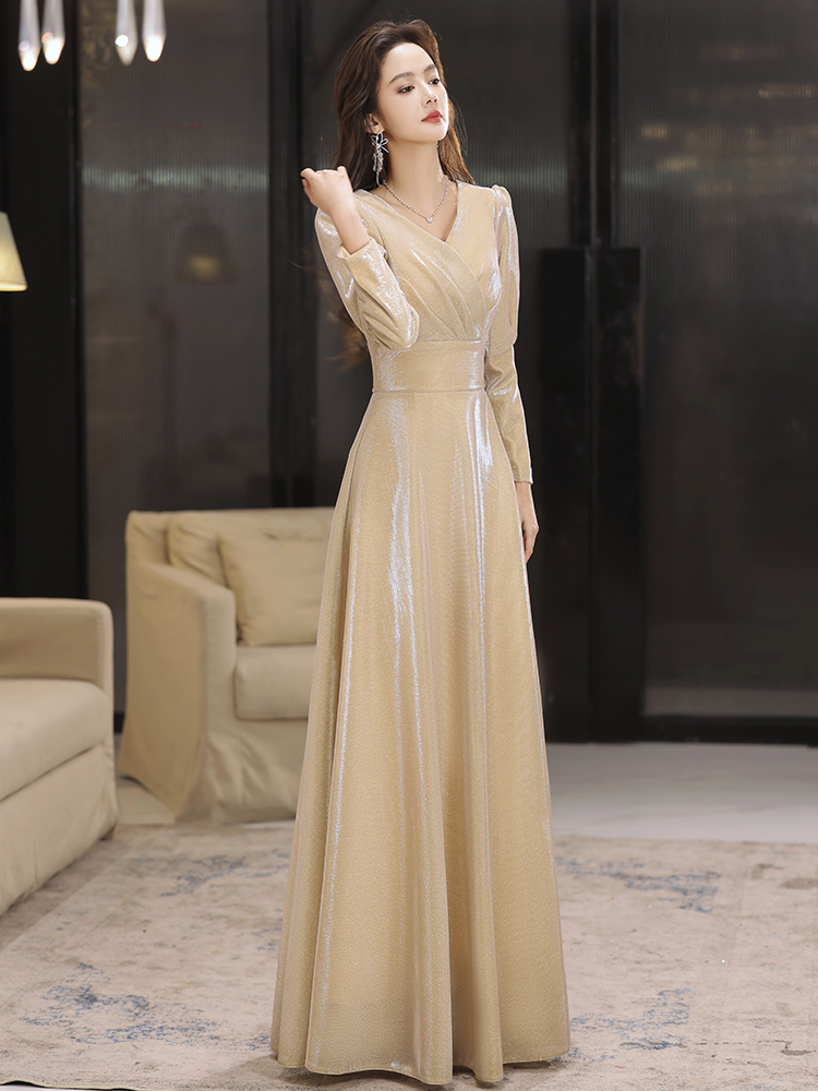 晚礼服女2023新款宴会气质轻奢小众高端高级感主持长袖香槟连衣裙_虎窝淘