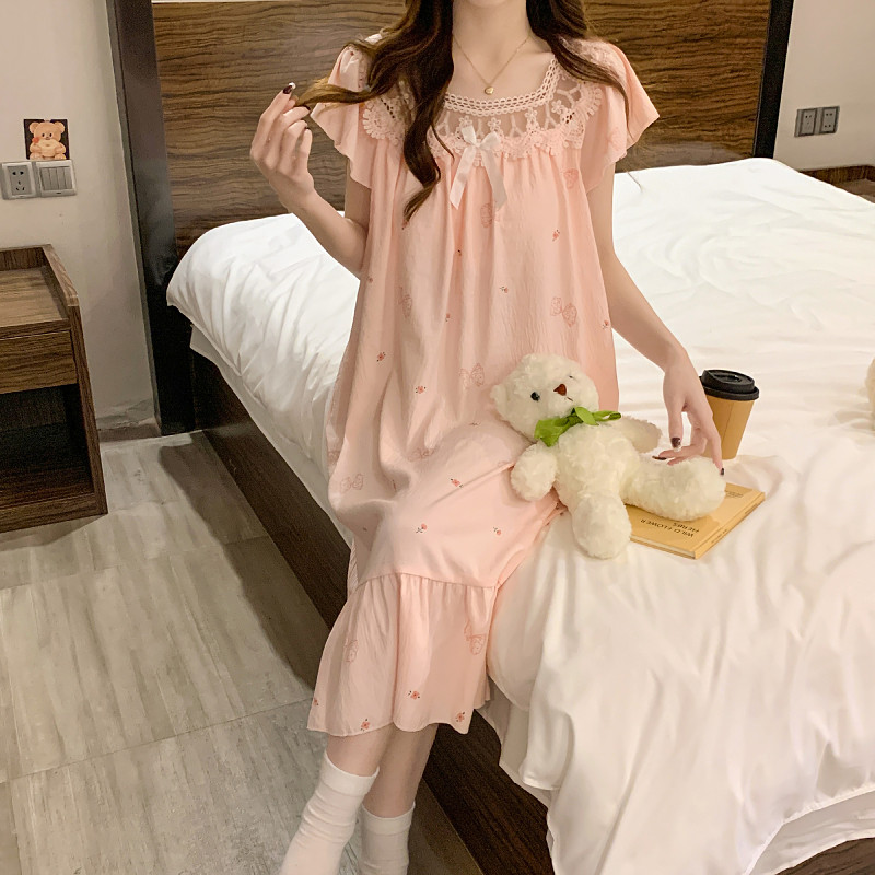 睡裙女夏季2026新款公主风轻奢纯欲甜美蕾丝花边带胸垫睡衣家居服 - 实物图