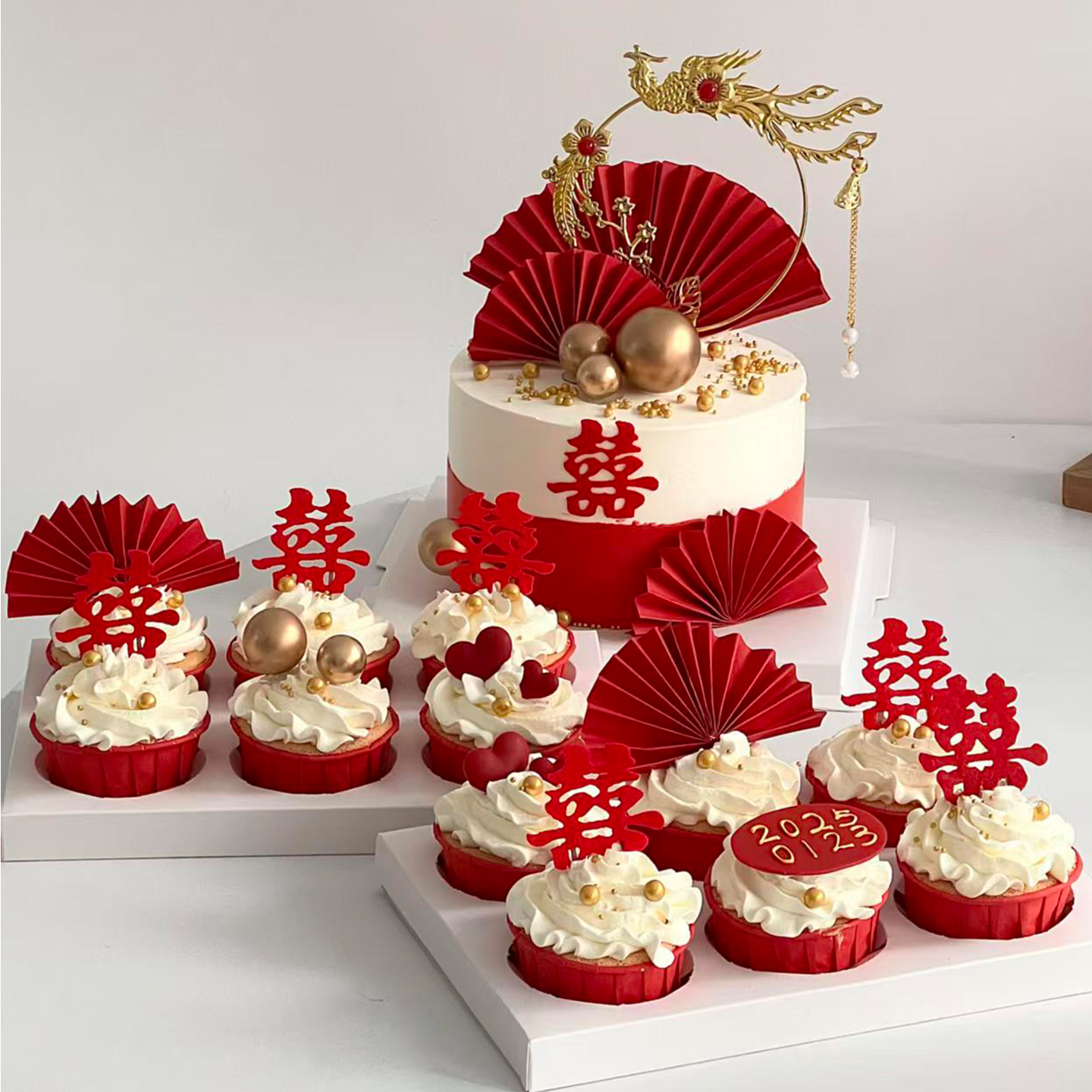 中式红色双喜订婚结婚甜品台装饰