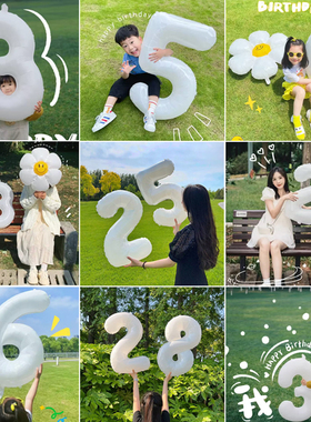 网红32寸白色铝膜数字气球周岁生日气球户外派对场景布置拍照道具