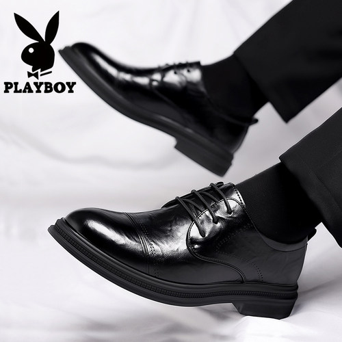 花花公子皮鞋男冬季商务正装男士真皮大码增高加绒保暖新郎结婚鞋
