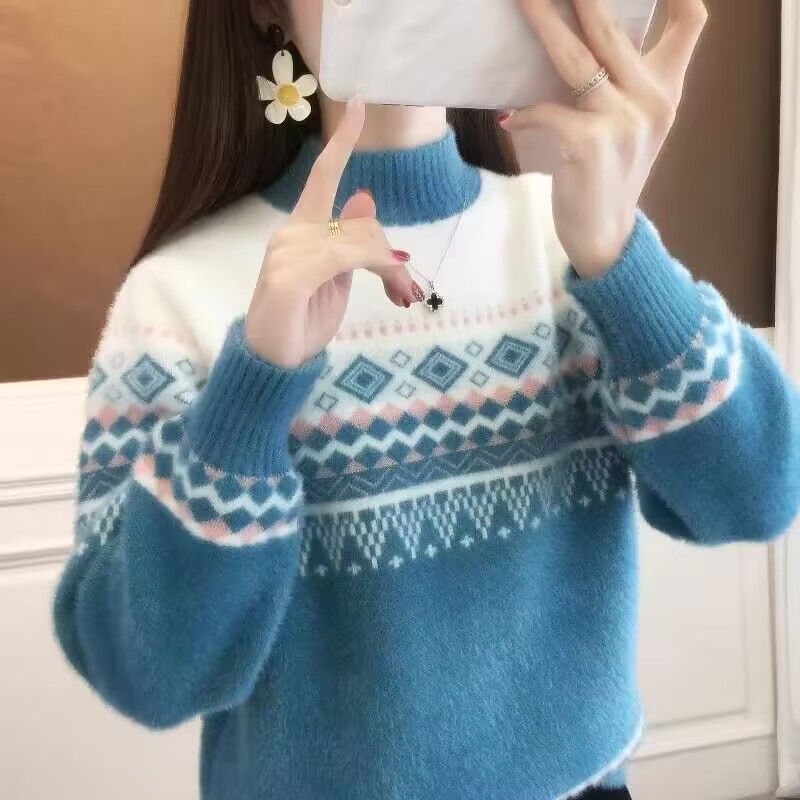 拼色提花防水貂绒半高领毛衣女秋冬民族风洋气时尚保暖软糯打底衫