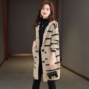 中长款时尚条纹针织开衫外套女春秋冬连帽宽松粗毛线毛衣外套披肩