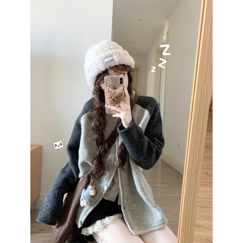 圆领拼色针织开衫毛衣外套女秋冬韩版软糯洋气百搭时尚宽松上衣潮