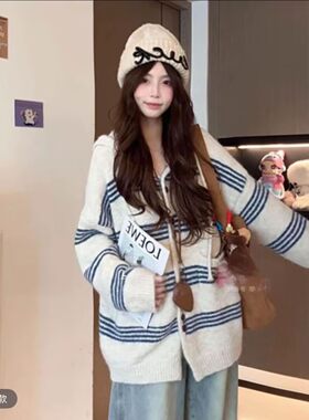 中长款条纹连帽针织开衫女秋冬
