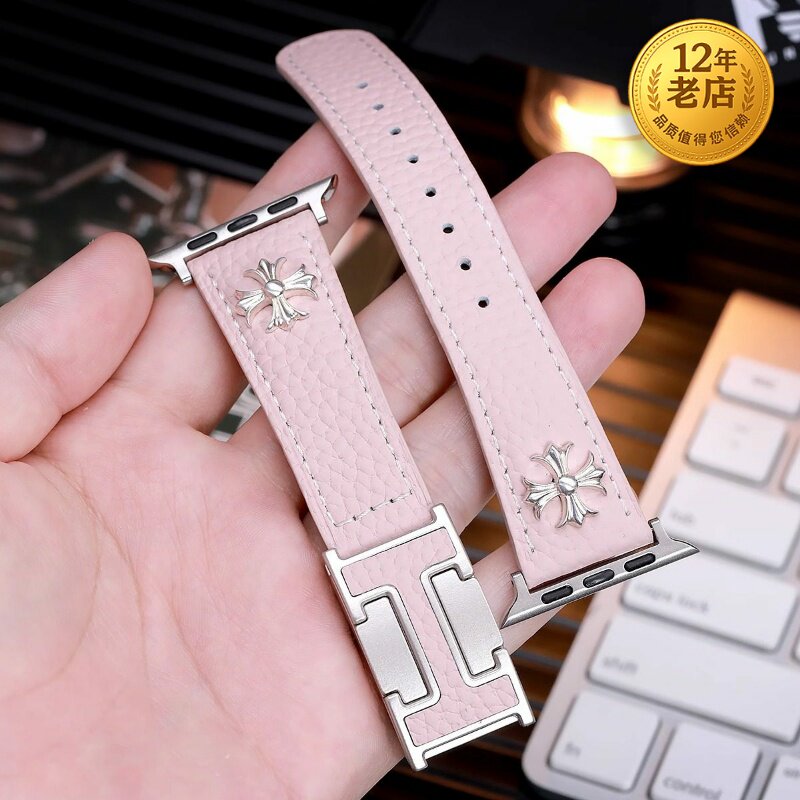 星图iwatch123456789se10s11苹果手表带真皮荔枝纹925纯银铆钉ultra49mm46女H折叠扣新款个性改装45/44潮