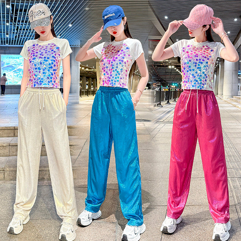 鬼步舞曳步舞服装套装街舞裤时尚亮片短袖爵士舞蹈韩版服啦啦操服