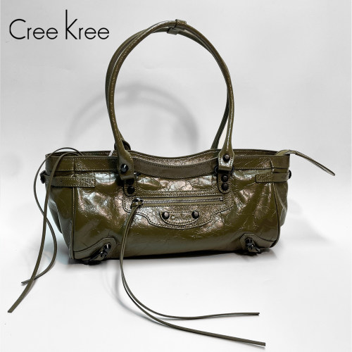 西班牙Cree Kree机车包女牛皮腋下包大容量单肩包手提单肩拉链包