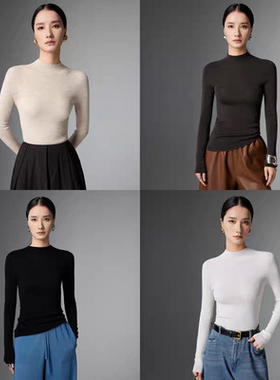 安可拉红可机洗精纺100%羊毛衫女扬子纱160s修身毛衣半高领打底衫