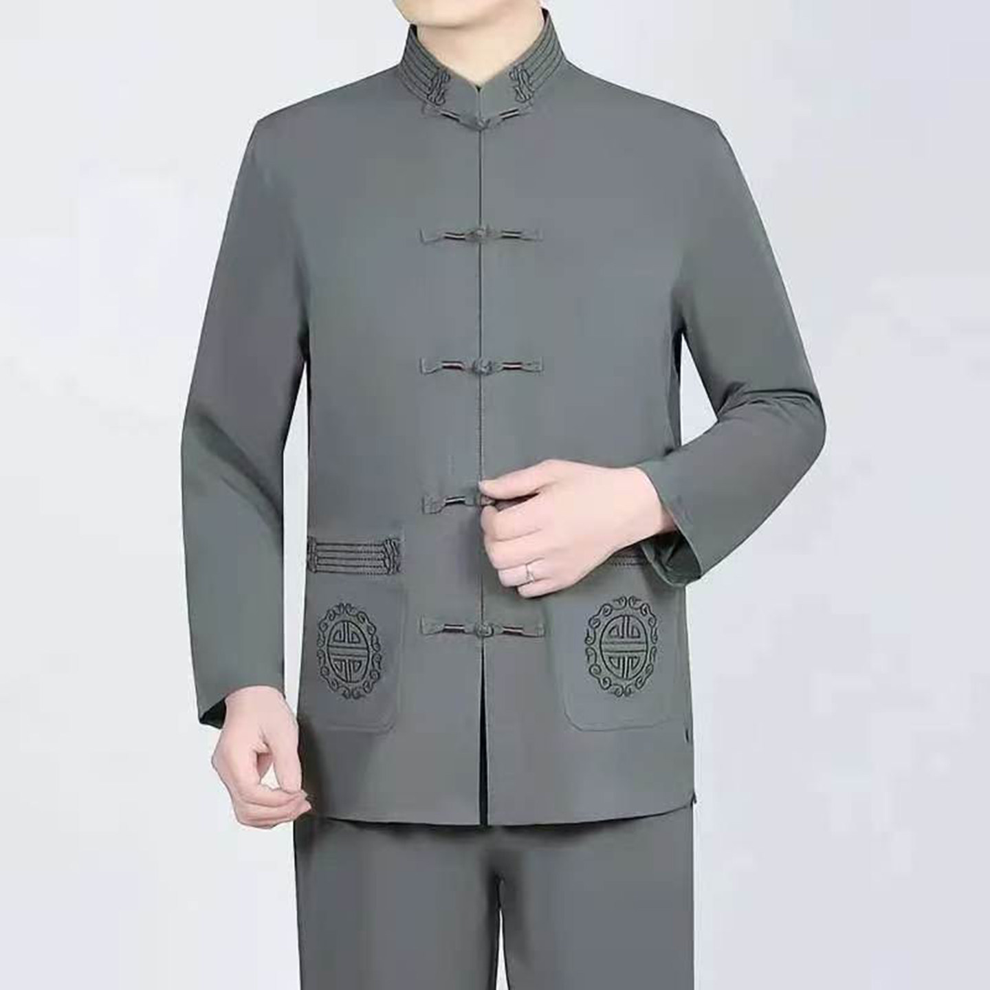 宏嫩冰丝唐装中老年爸爸衣服爷爷太极服休闲上衣套装夏中国风男装