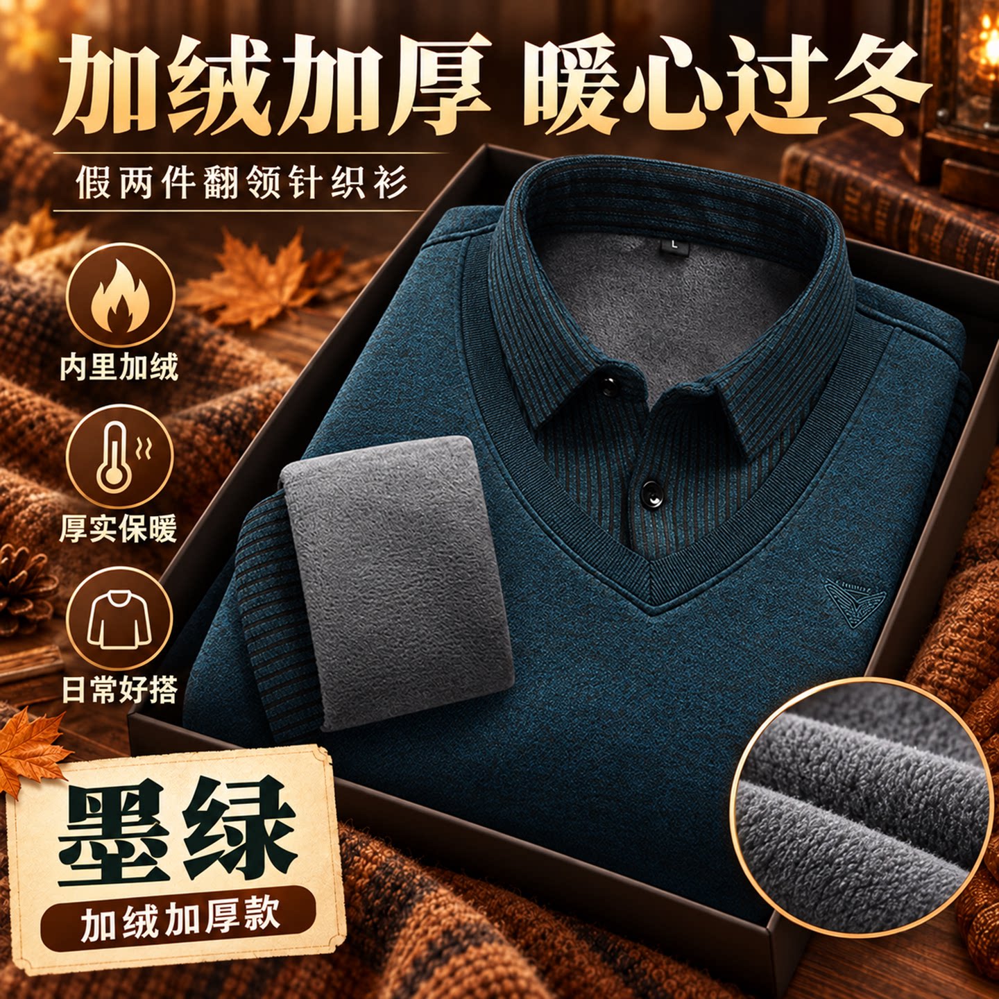 芙霖男装旗舰店2026秋冬新款假两件加绒POLO衫保暖上衣翻领打底衫
