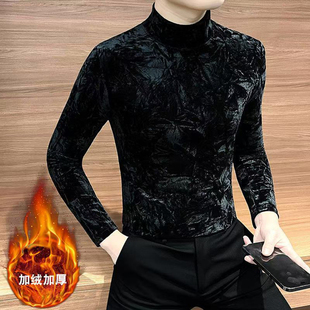 点击率男装金丝绒打底衫冬季加绒T恤半高领男士长袖保暖内搭上衣