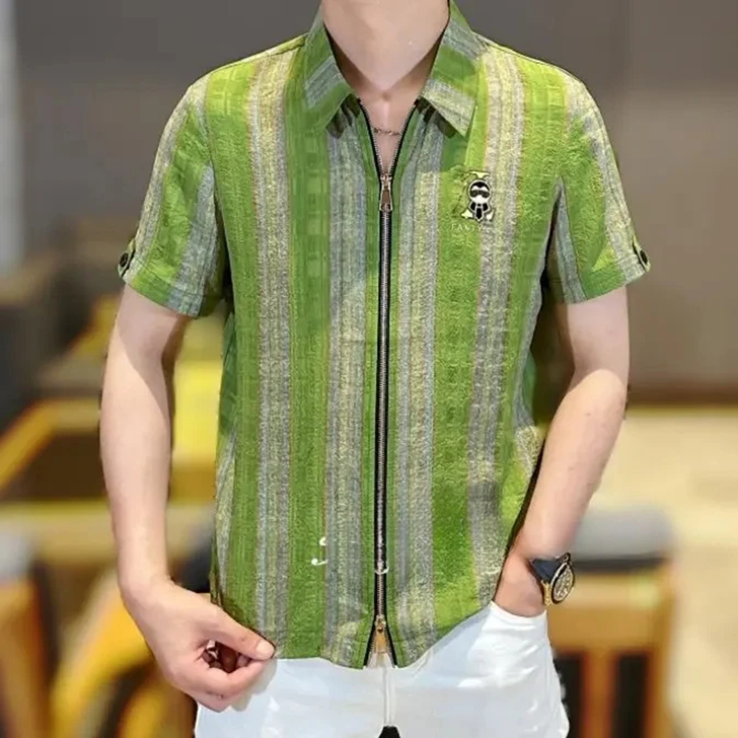 美丽霞百货休闲POLO衫2025夏季新款衬衫双拉链短袖薄款修身上衣男