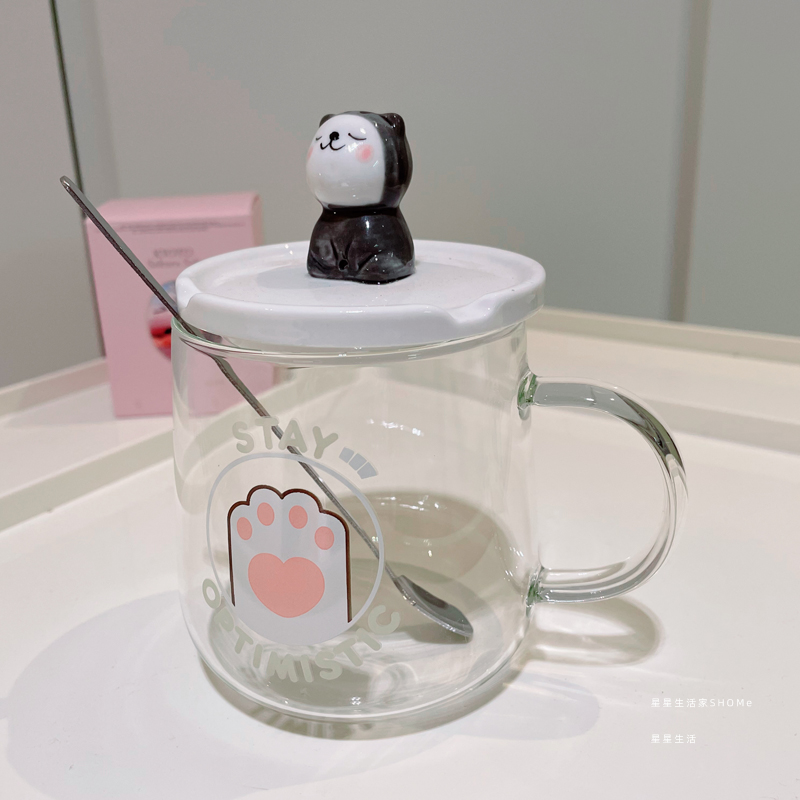 耐热玻璃杯子可爱猫咪带把勺水杯