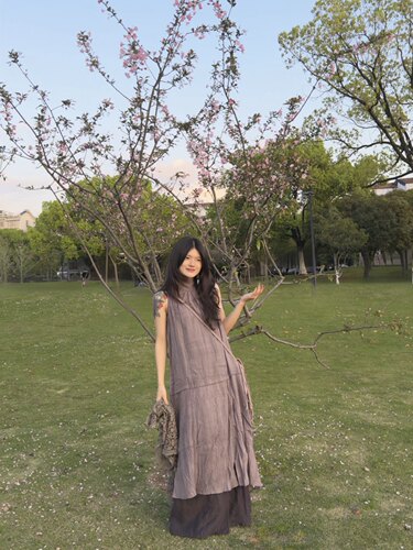 一种土「云间拾夏」复古苎麻绑带背心裙(444)